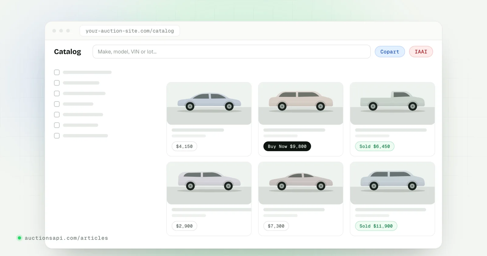 Flat illustration of a pipeline: an auction lot card flows into a database cylinder, then a search box, then a grid of car listing pages on a laptop screen