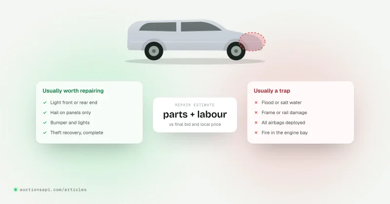 Illustration: a car outline split into zones coloured green, amber and red by repair risk, with a small parts list showing airbags, sensors and a headlight