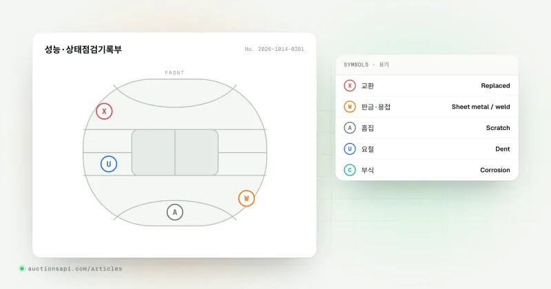 Flat illustration of a car outline seen from above with a few panels marked X and W, next to a Korean inspection form with checkboxes and a magnifying glass