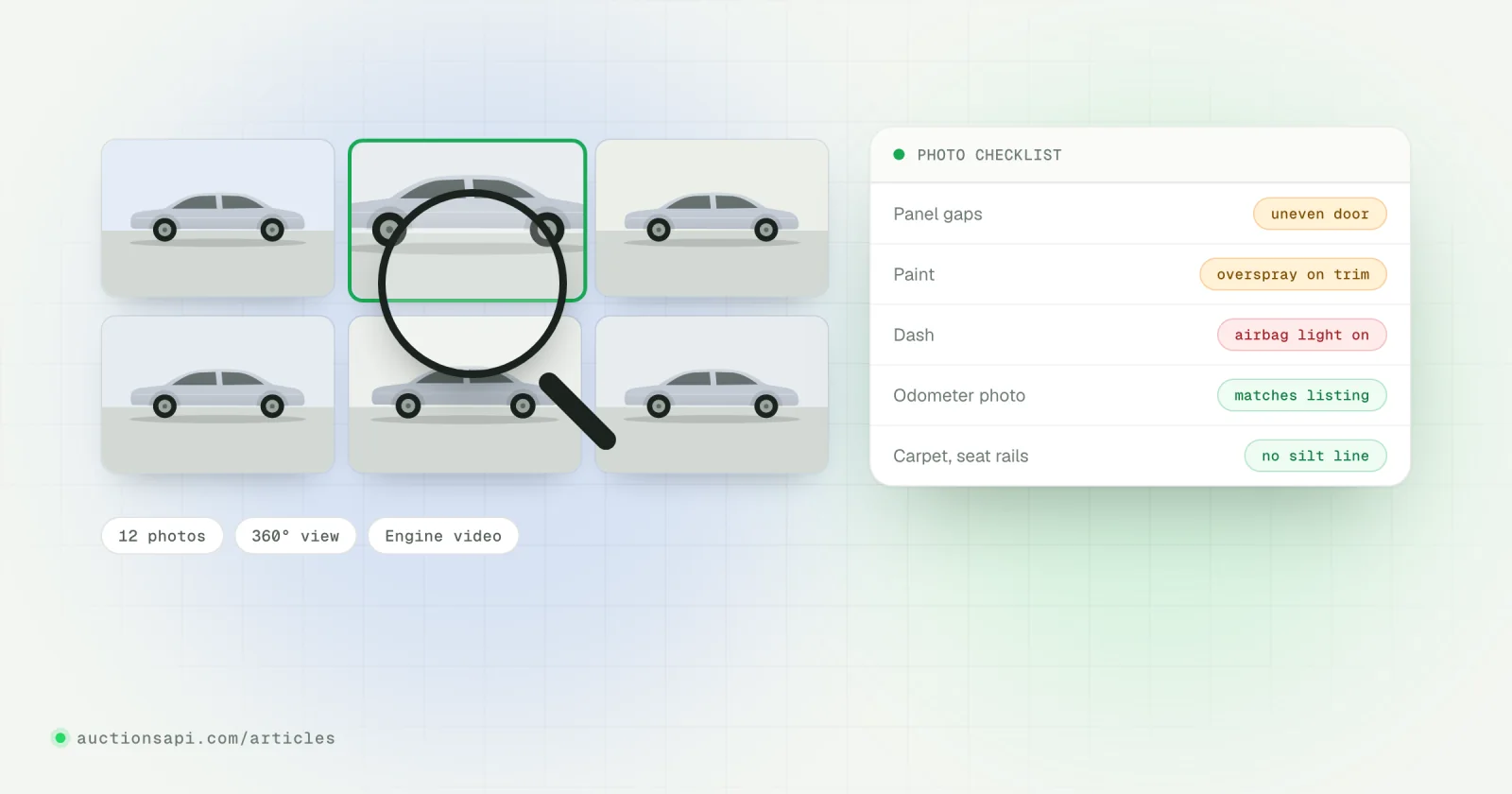 Illustration: a grid of auction car photos with a magnifying glass over a dashboard showing warning lights, and small check marks beside a door gap and a tyre